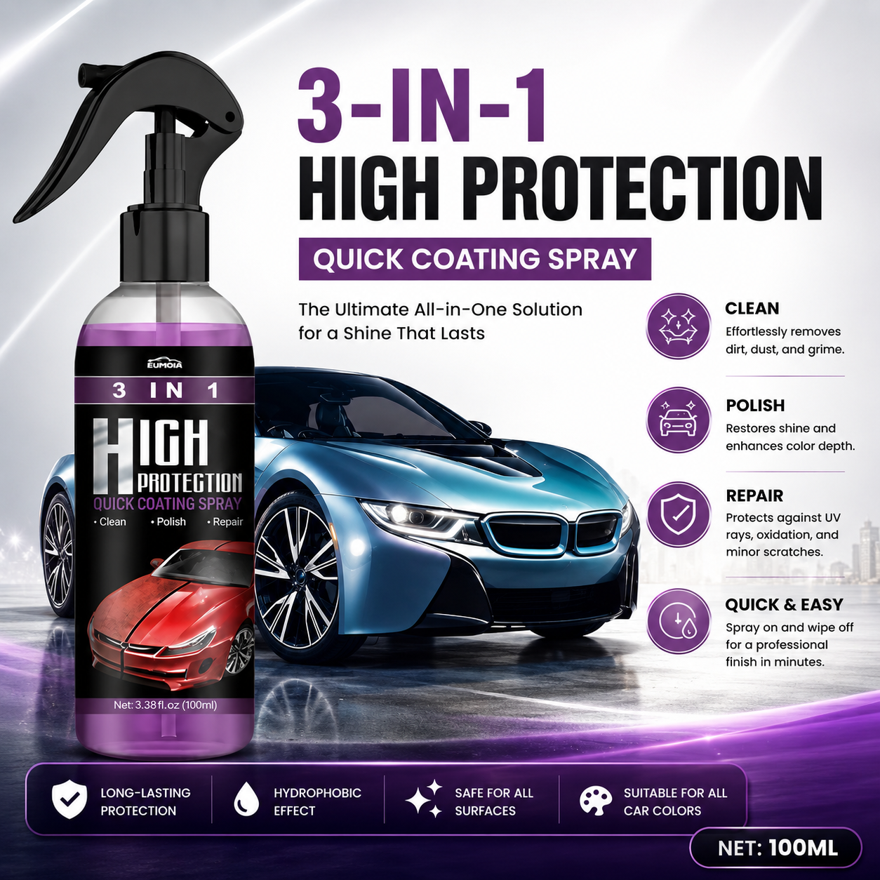 SMILE BIG 3 in 1 High Protection Quick Car Ceramic Coating Spray - Car Wax Polish Spray (Pack of 1)