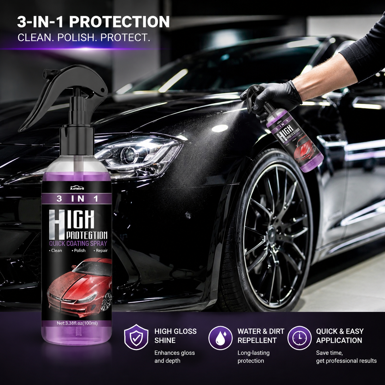SMILE BIG 3 in 1 High Protection Quick Car Ceramic Coating Spray - Car Wax Polish Spray (Pack of 1)
