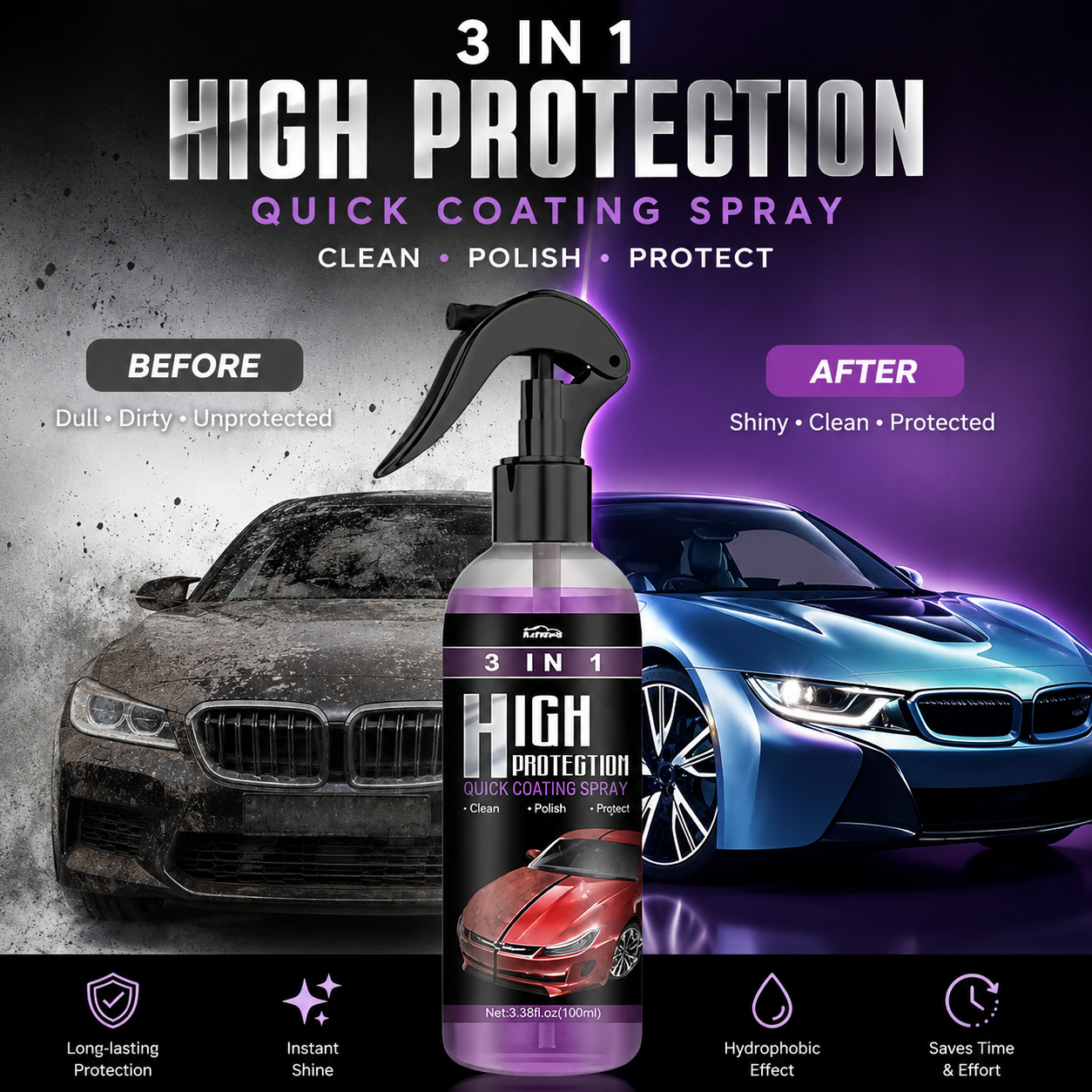 SMILE BIG 3 in 1 High Protection Quick Car Ceramic Coating Spray - Car Wax Polish Spray (Pack of 1)